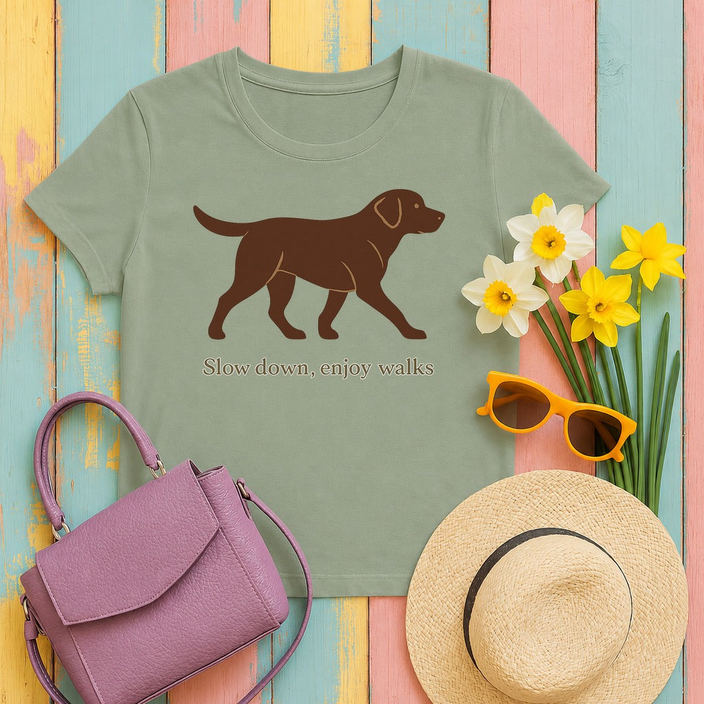 Chocolate Lab Slow Down Enjoy Walks T-shirt in Sage
