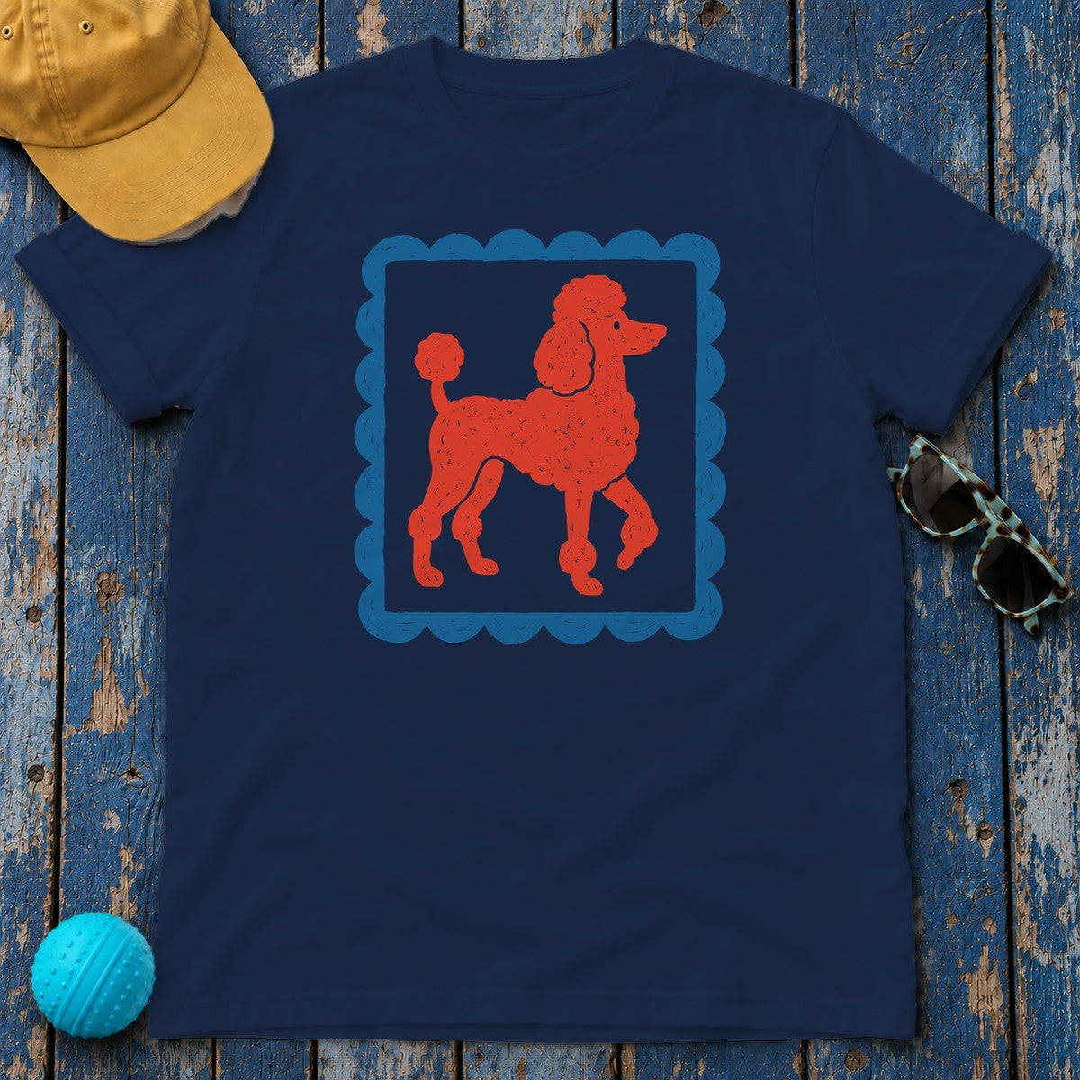 Cute Red Poodle Stamp Style Design in Blue Frame T-Shirt in Navy