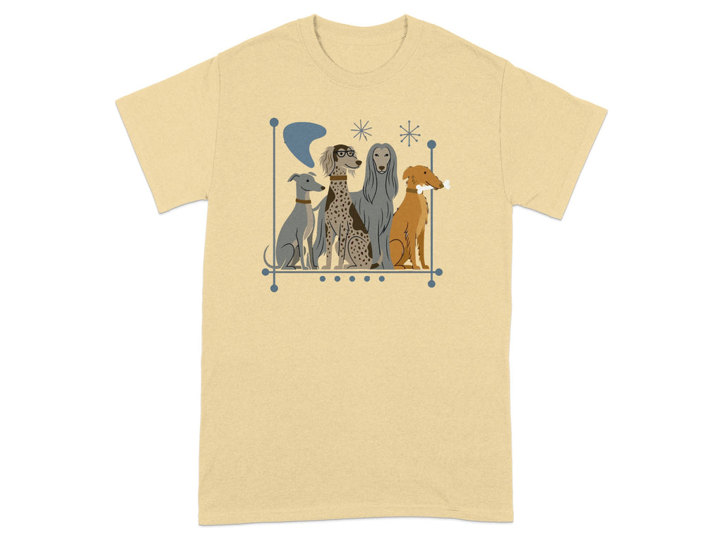 T-shirt featuring a stylized illustration of five different dog breeds.