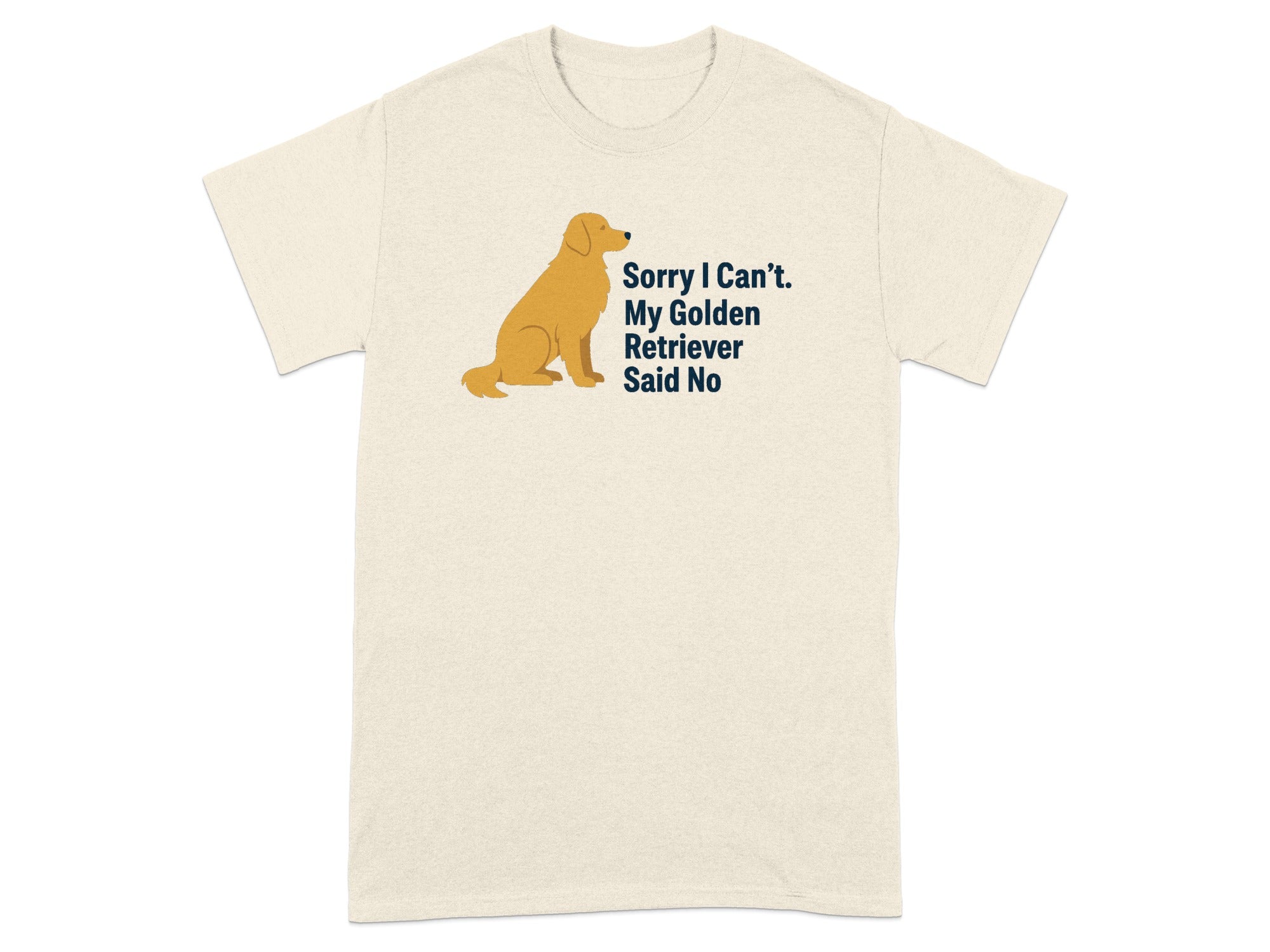 Light beige t-shirt with a sitting golden retriever graphic and text.