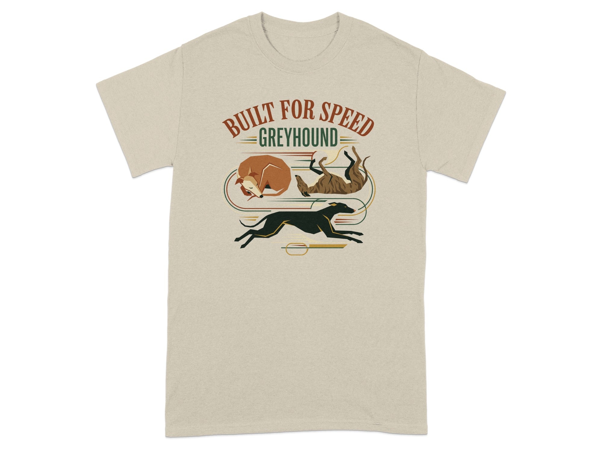 T-shirt featuring a graphic of three greyhounds in motion and text reading "Built for Speed Greyhound".