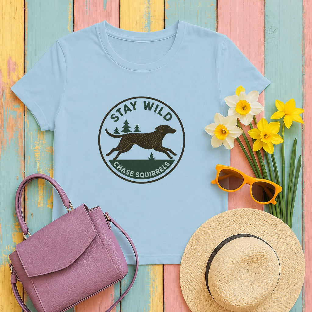 Curly-Coated Retriever stay wild chase squirrels tee flat lay