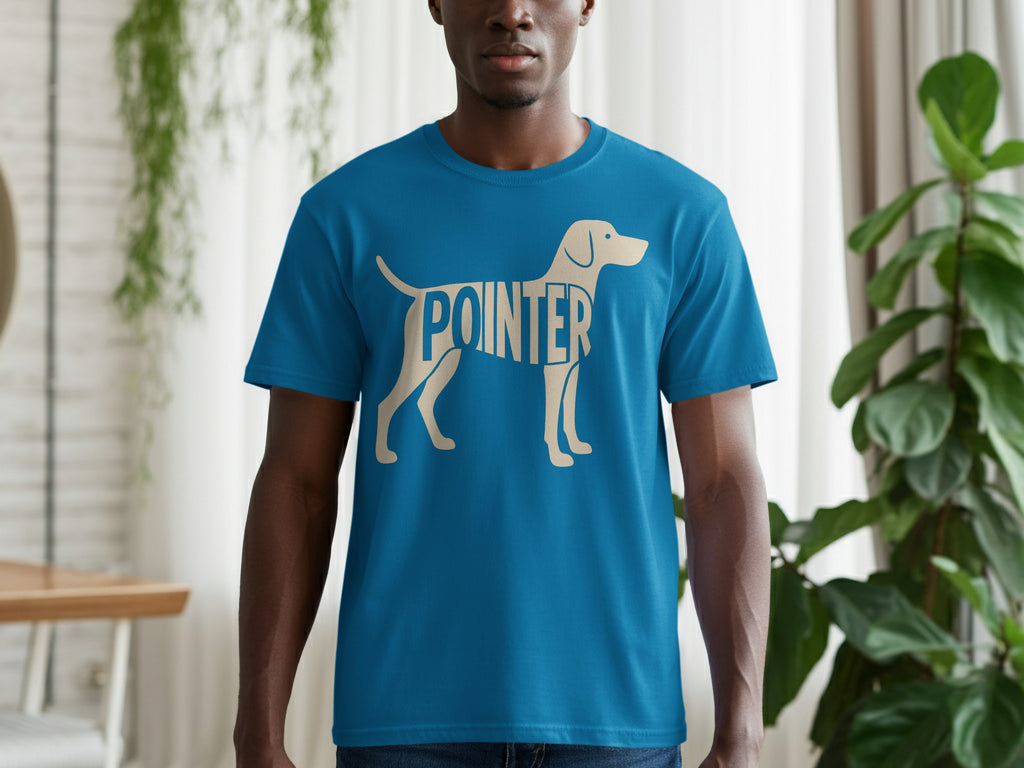 Blue t-shirt with a beige pointer dog silhouette filled with the word "POINTER".