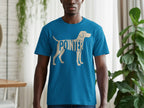Blue t-shirt with a beige pointer dog silhouette filled with the word "POINTER".