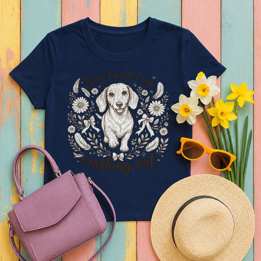 Whimsical Dachshund 'Crashing Out' T-Shirt in Navy