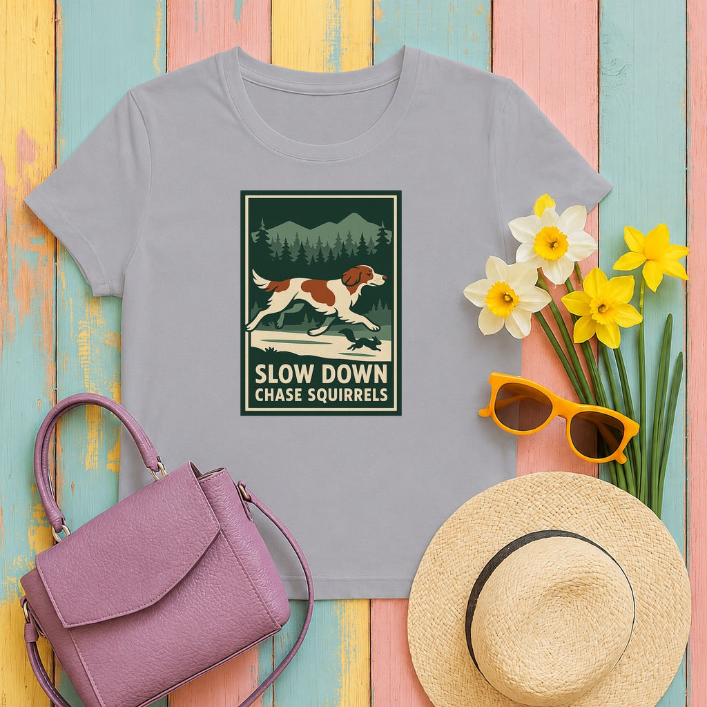 Irish Red and White Setter Slow Down Chase Squirrels Tee in Athletic Heather