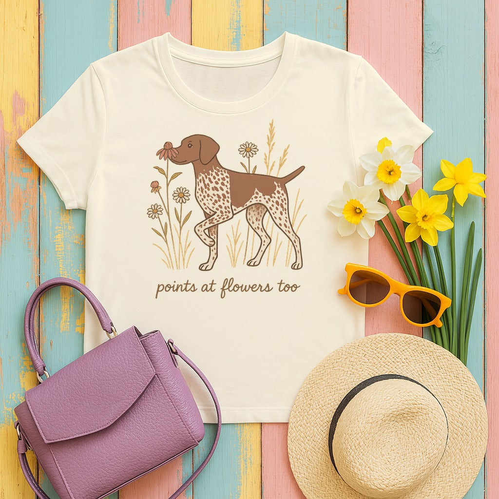 German Shorthaired Pointer Points at Flowers T-shirt in Natural