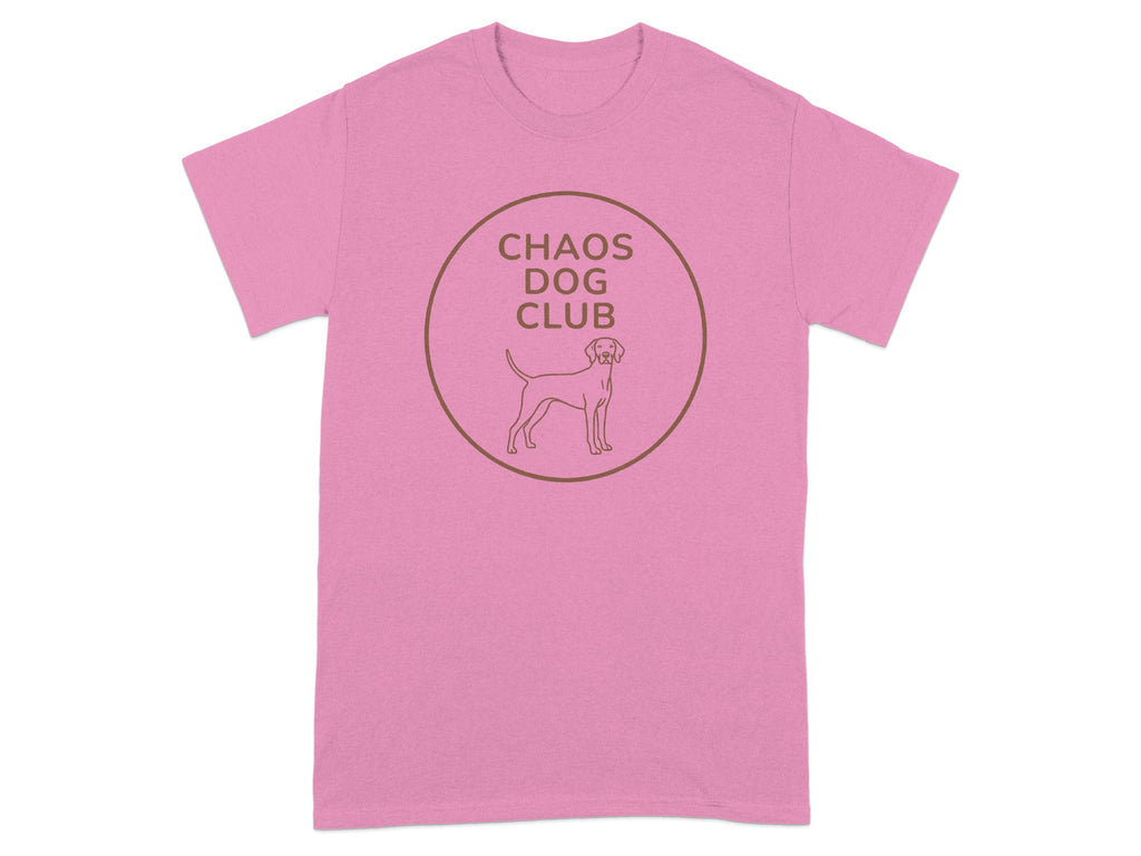 Pink t-shirt with "CHAOS DOG CLUB" text and dog silhouette logo.