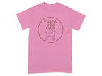 Pink t-shirt with "CHAOS DOG CLUB" text and dog silhouette logo.