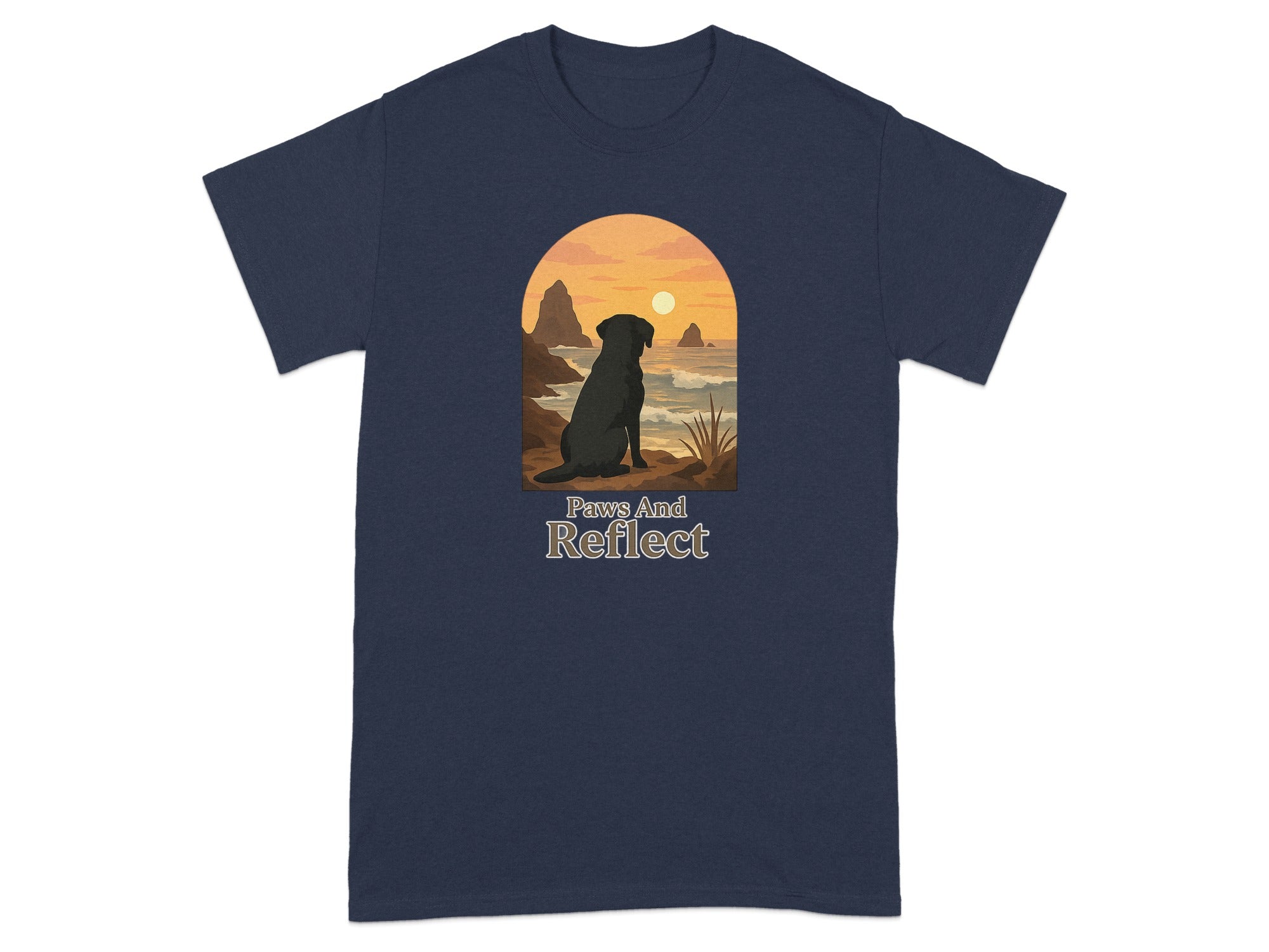 Black Labrador dog sits watching sunset over rocky coast with text "Paws And Reflect".