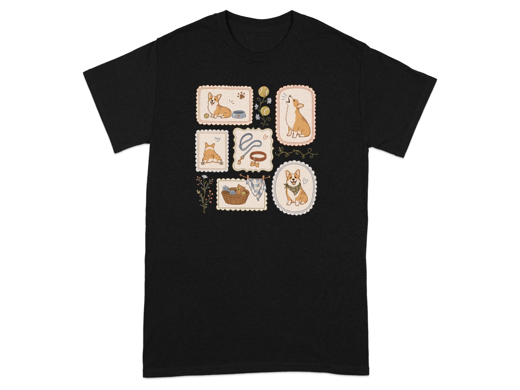 T-shirt with cute corgi illustrations in stamp designs.