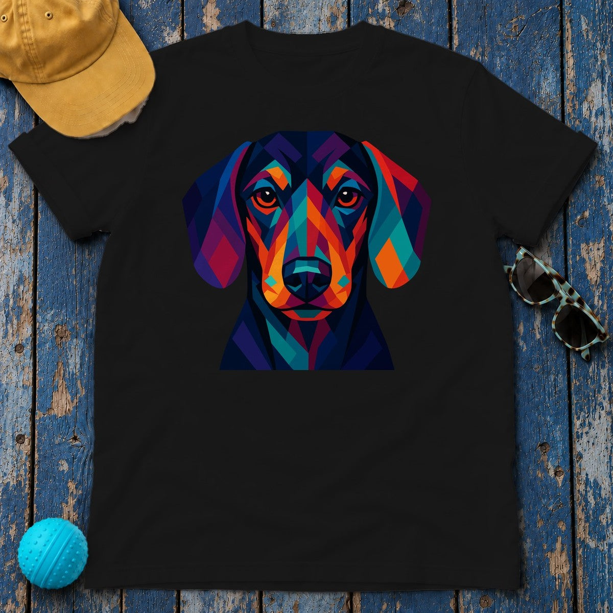 Colorful Geometric Dachshund Graphic Art Design T-Shirt in Black