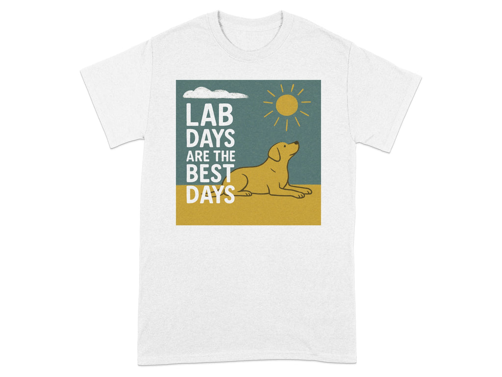 White t-shirt with graphic: "LAB DAYS ARE THE BEST DAYS" and a yellow dog.