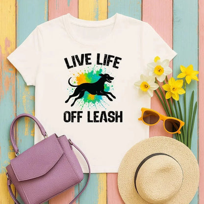 Live Life Off Leash Running Dog Silhouette Graphic T-Shirt Natural T-shirt