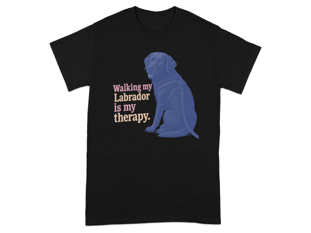 Black t-shirt with a blue labrador illustration and text reading "Walking my Labrador is my therapy."