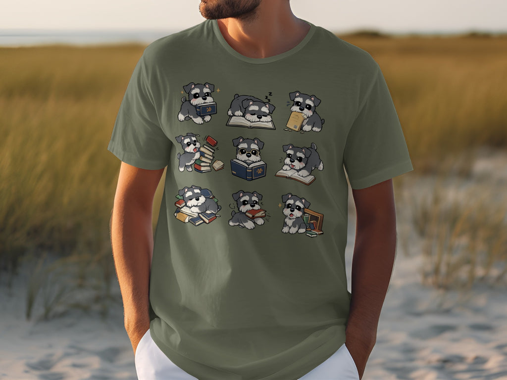 Green t-shirt with a print of eight different illustrated schnauzers interacting with books.