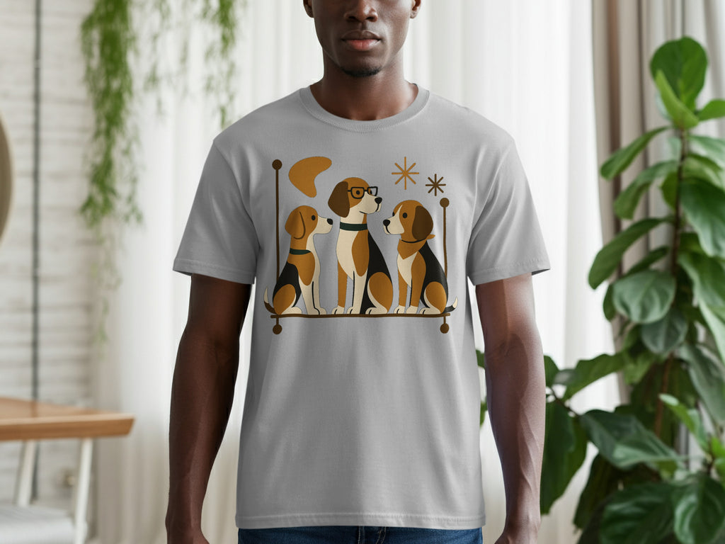 Grey t-shirt with a graphic of three beagles sitting on a shelf.