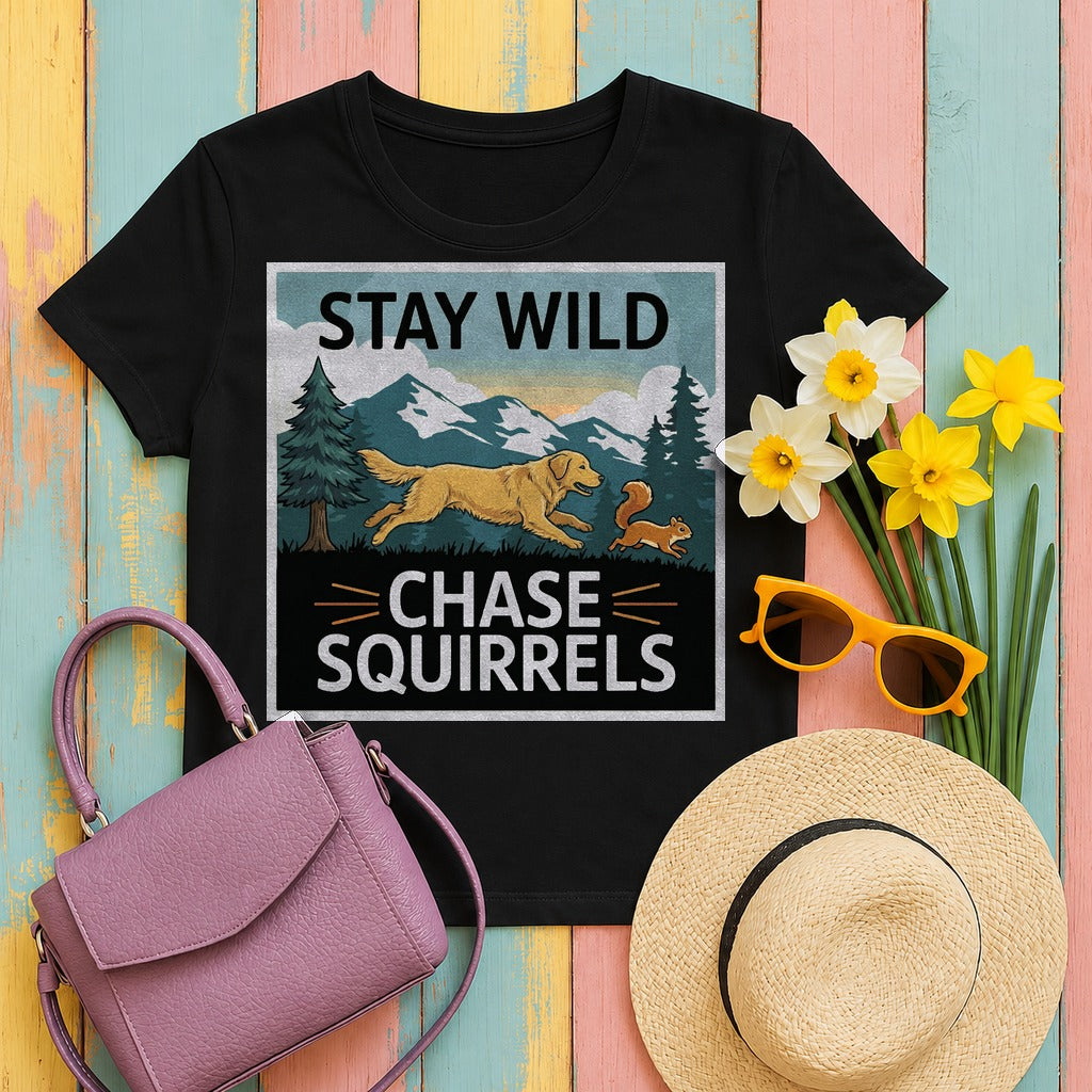 Stay Wild Chase Squirrels with Golden Retriever T-Shirt in Black