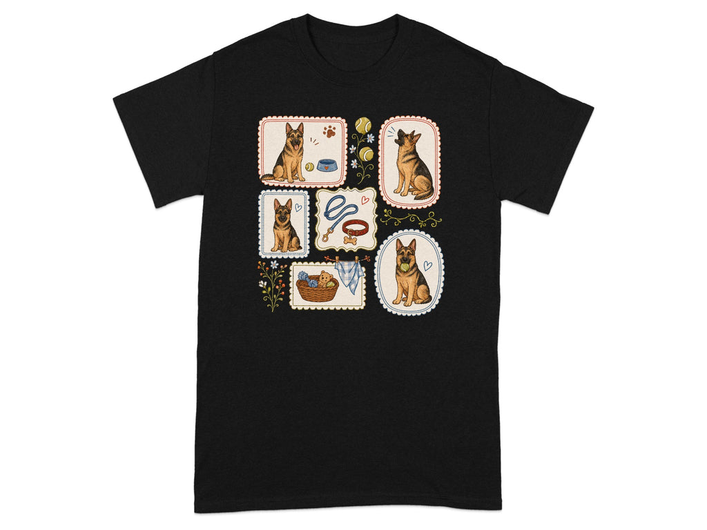 T-shirt with framed illustrations of German Shepherd dogs and accessories.