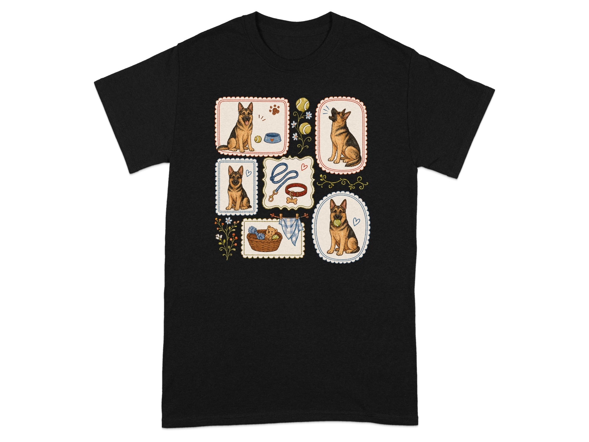 T-shirt with framed illustrations of German Shepherd dogs and accessories.