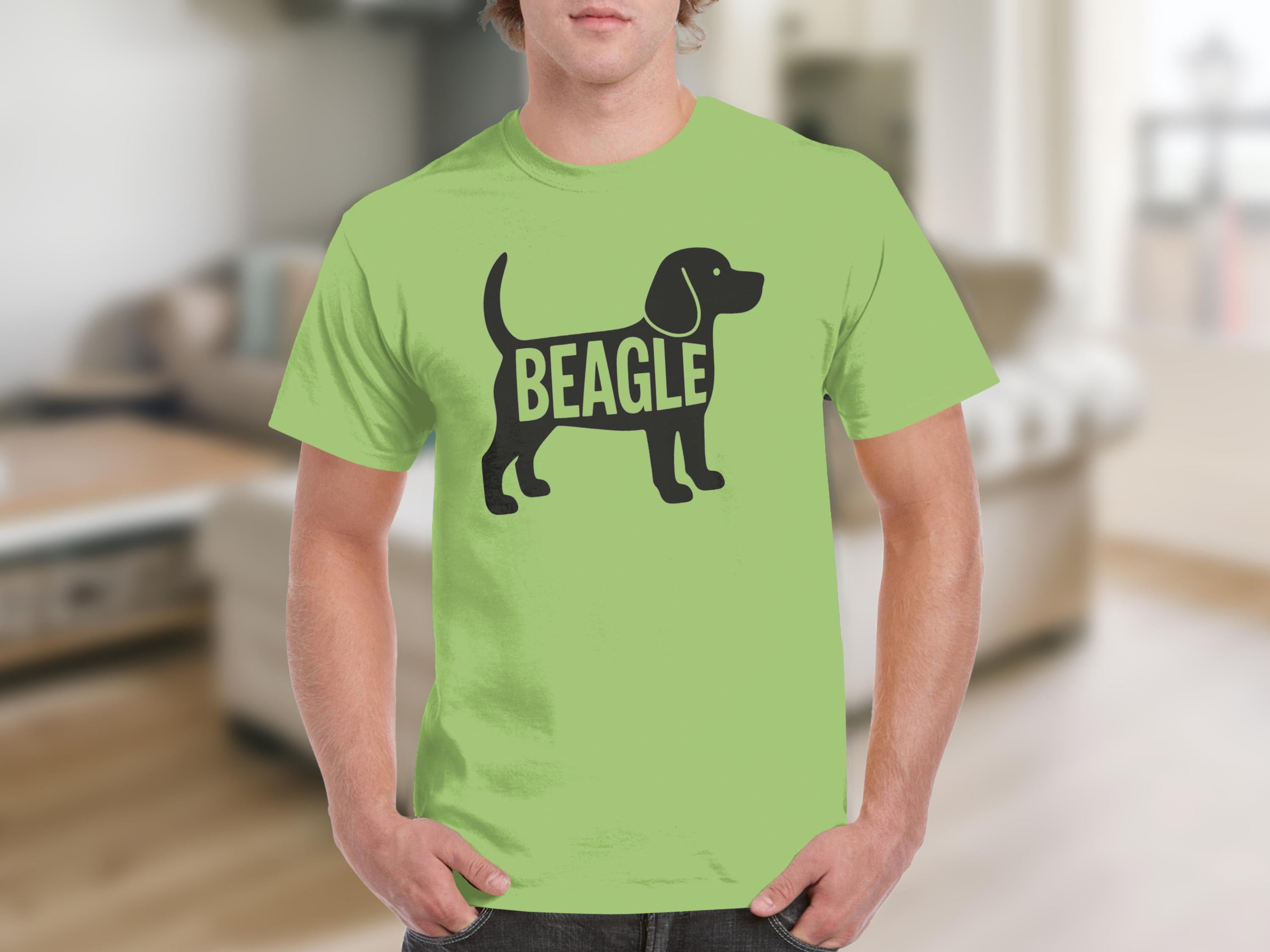 Lime t-shirt with a black beagle outline filled with the word "BEAGLE."