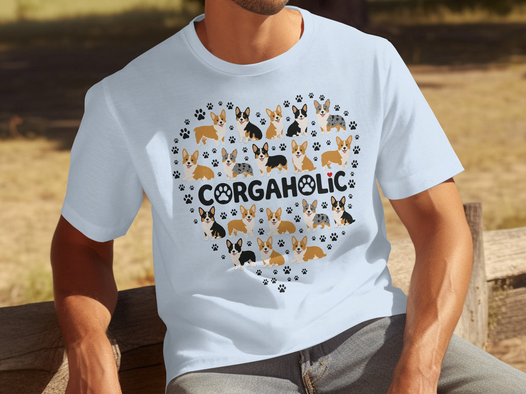 Light blue t-shirt with a heart-shaped design of corgis and paw prints.