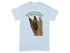 Light blue t-shirt with a German Shepherd peeking around a door with text.