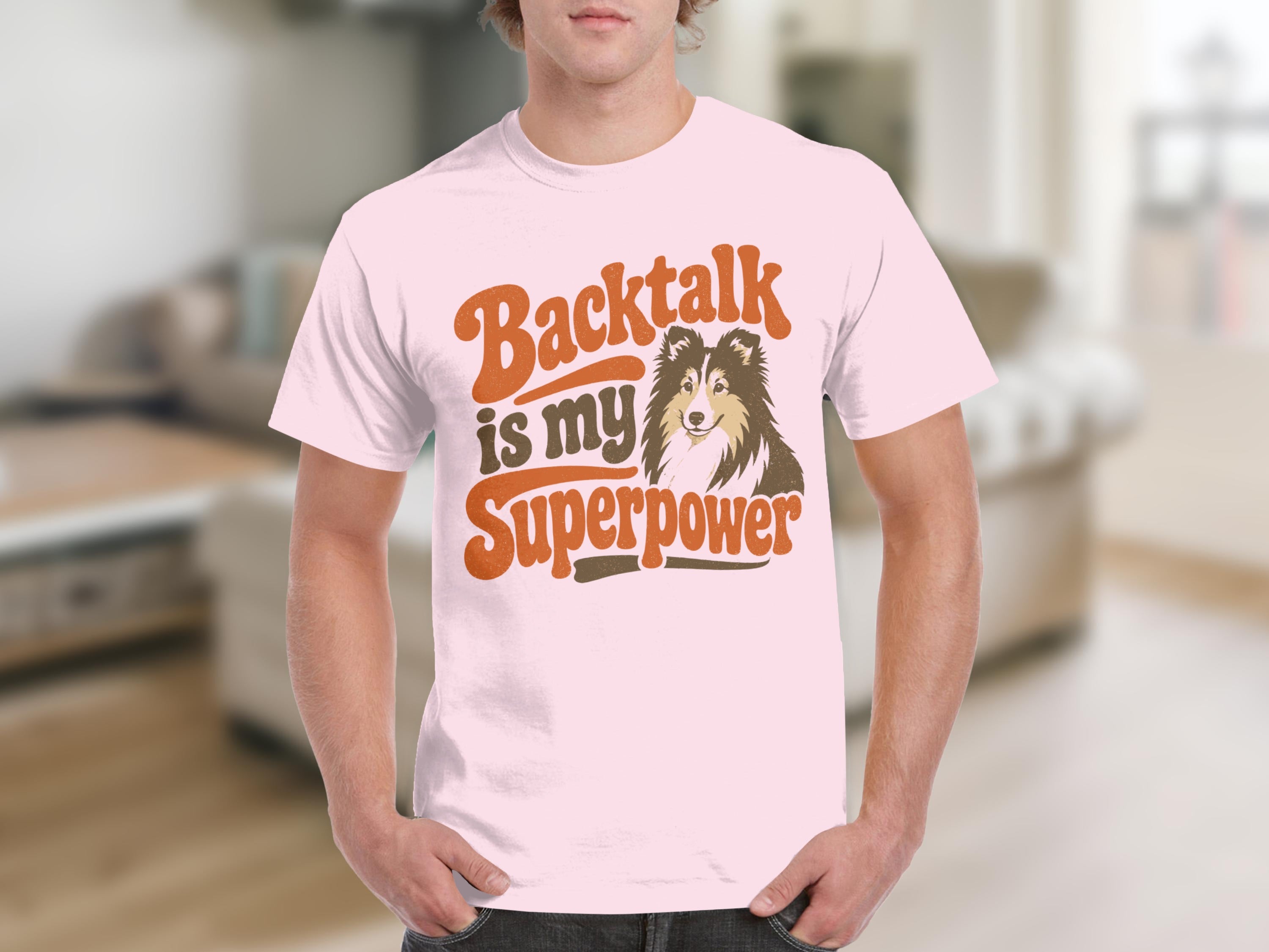 Pink t-shirt with dog graphic and text "Backtalk is my Superpower".