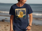 Navy t-shirt with "Professional Wet Dog" graphic of a golden retriever in water.