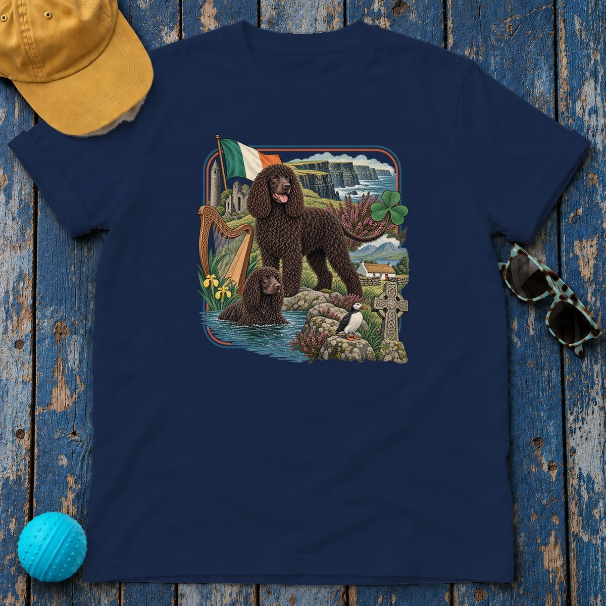 Irish Water Spaniel Ireland Heritage T-Shirt in Navy