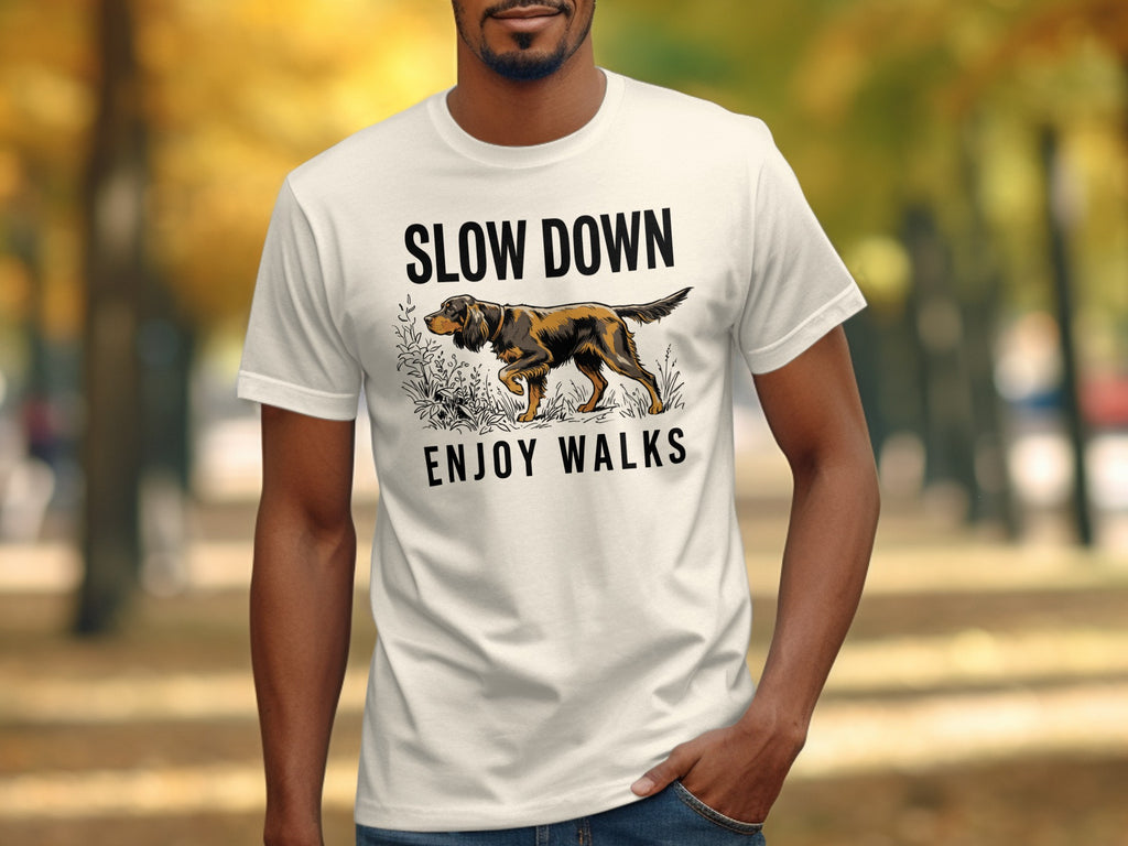 T-shirt with "SLOW DOWN ENJOY WALKS" text and a dog illustration.