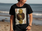 Black t-shirt with a golden retriever depicted as the Queen of Hearts playing card.