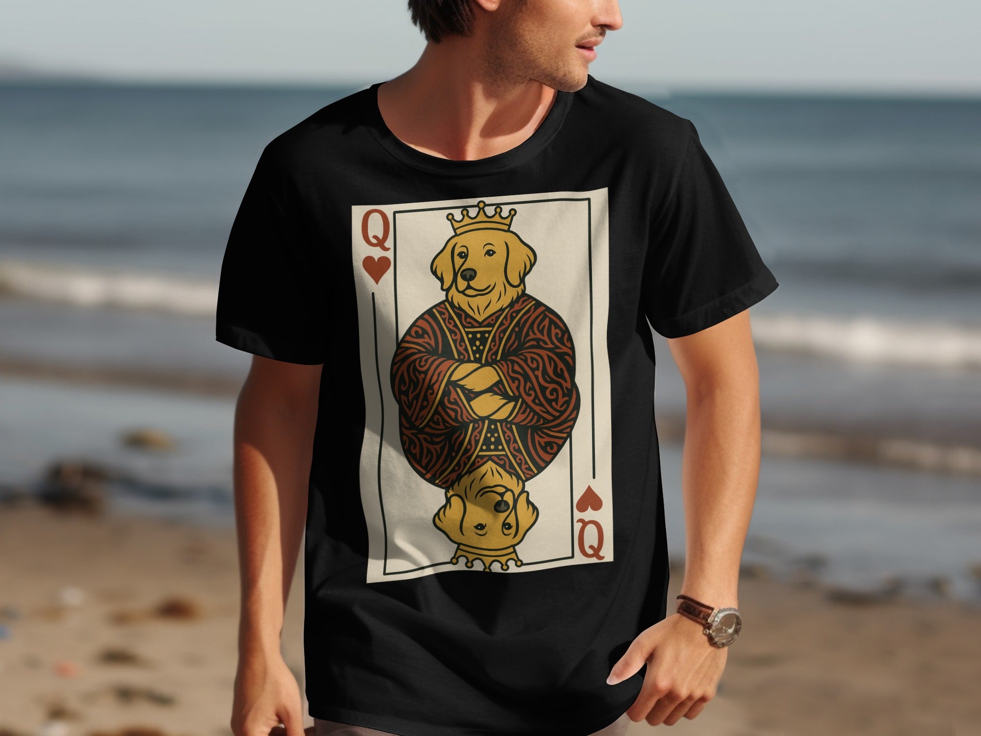 Black t-shirt with a golden retriever depicted as the Queen of Hearts playing card.
