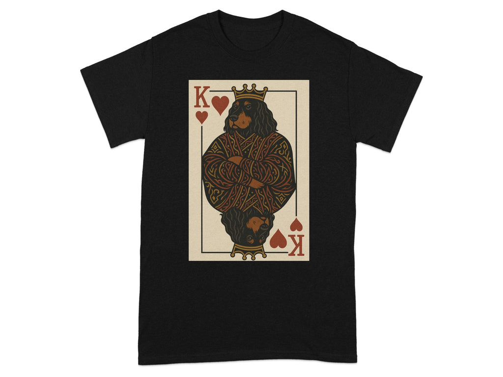 Black t-shirt with King of Hearts playing card featuring a dog with crossed arms.