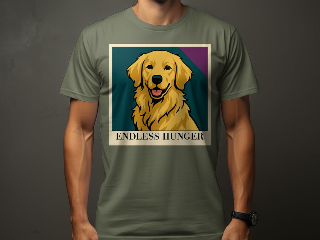 Golden retriever portrait with text "ENDLESS HUNGER" on a dark background.
