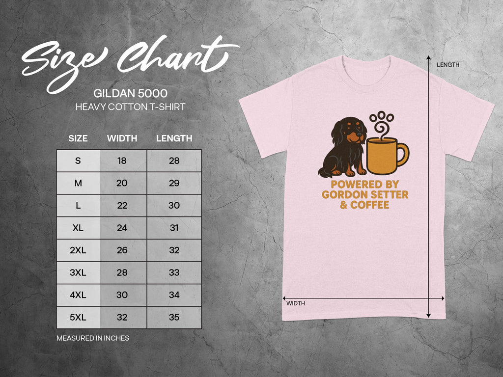 Size chart for Gildan 5000 heavy cotton t-shirt with dog and coffee graphic.