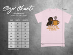 Size chart for Gildan 5000 heavy cotton t-shirt with dog and coffee graphic.
