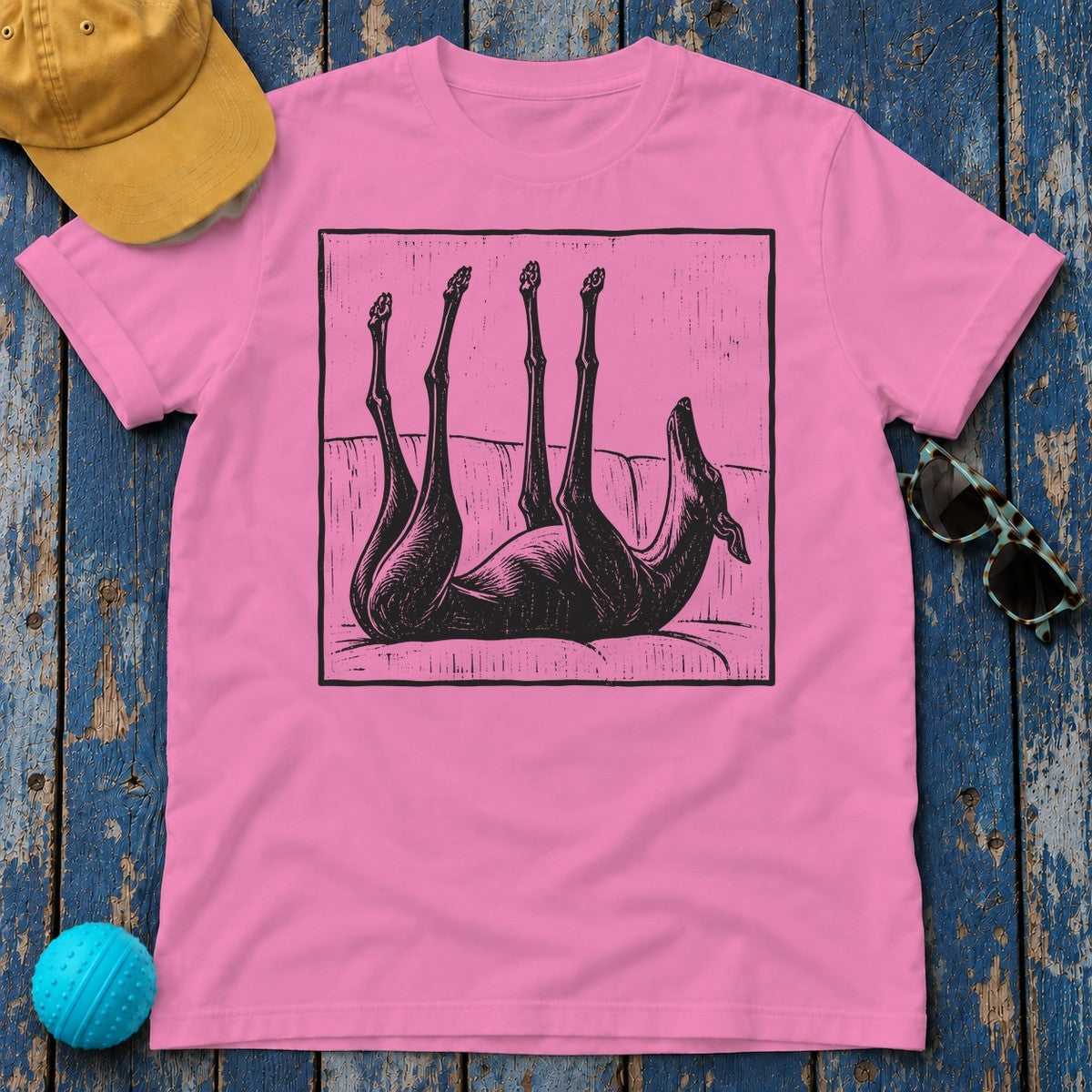 Upside Down Sleeping Greyhound T-Shirt in Azalea