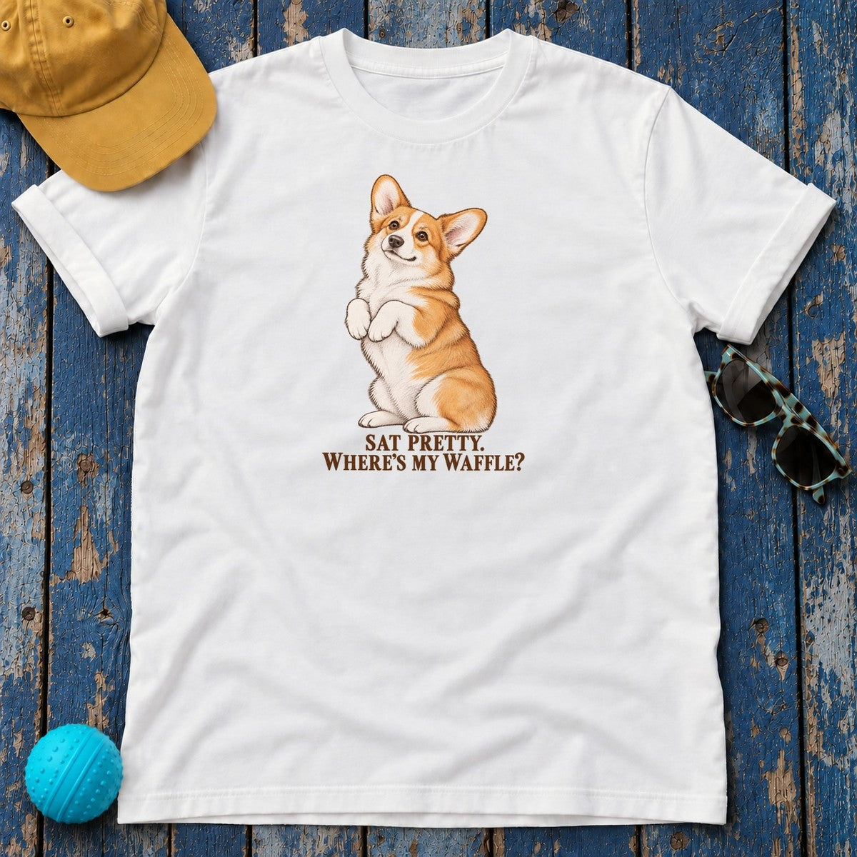 Sat Pretty Where's My Waffle Corgi T-Shirt in White - flat lay