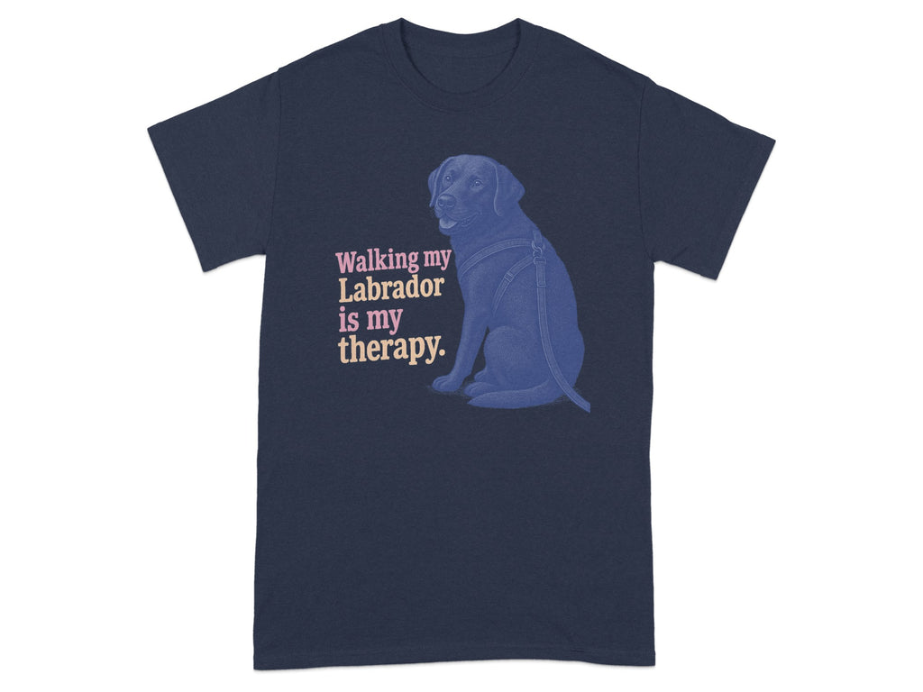 Navy t-shirt with a blue sitting Labrador and text: Walking my Labrador is my therapy.