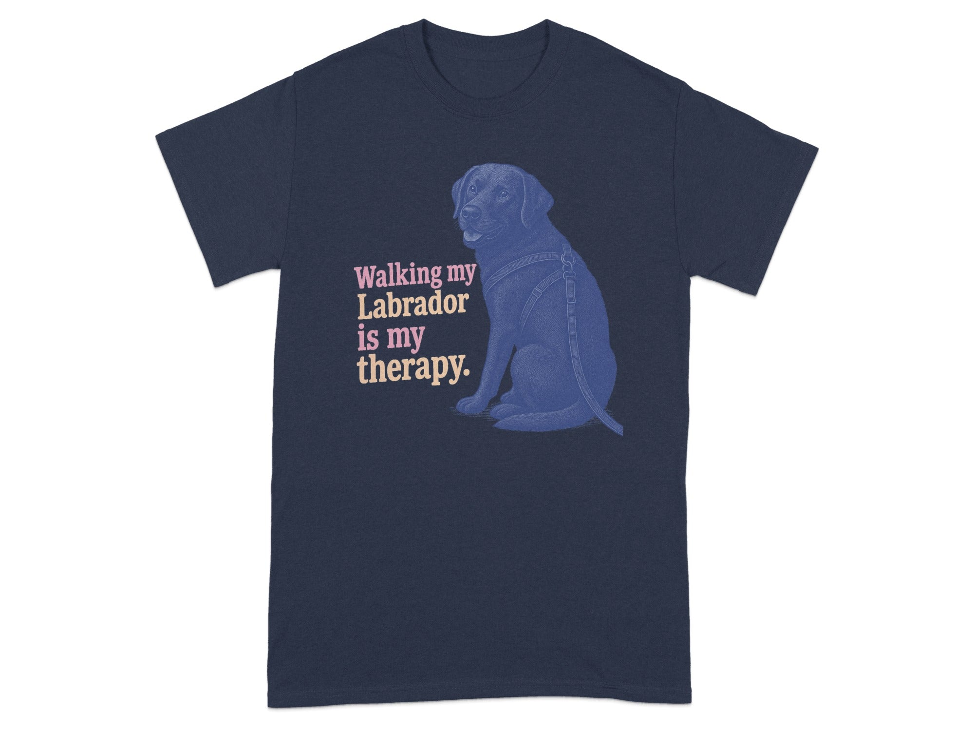 Navy t-shirt with a blue sitting Labrador and text: Walking my Labrador is my therapy.