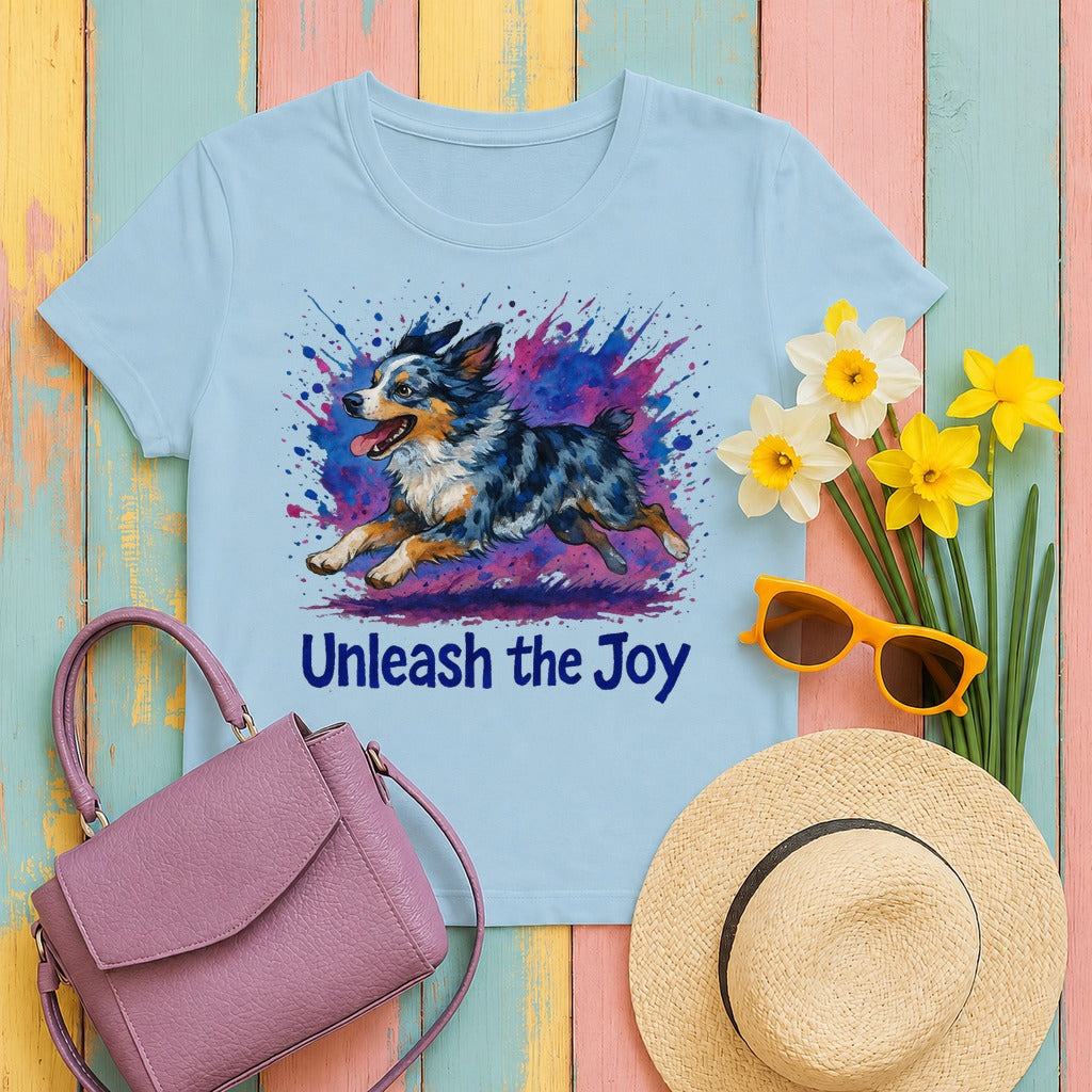 Vibrant Splash Australian Shepherd T-Shirt in Light Blue