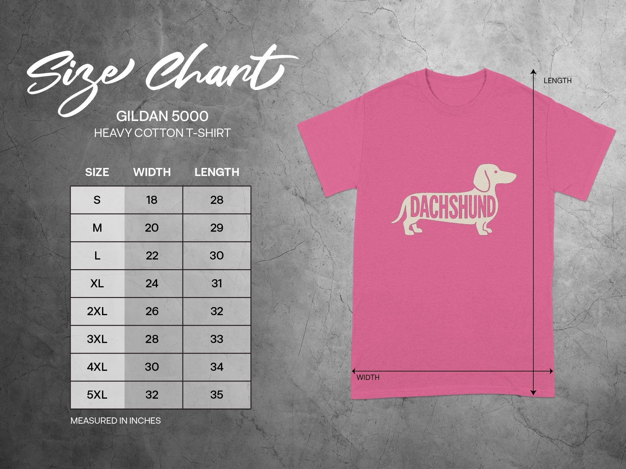 Gildan 5000 t-shirt size chart with measurements in inches.