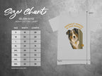 Gildan 5000 t-shirt size chart with dog graphic and "Personally Invested in Your Business" text.