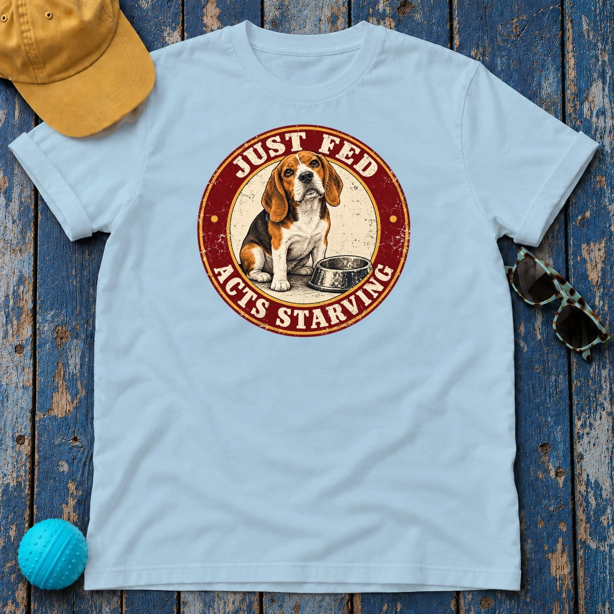 Just Fed Acts Starving Beagle T-Shirt in Light Blue - flat lay