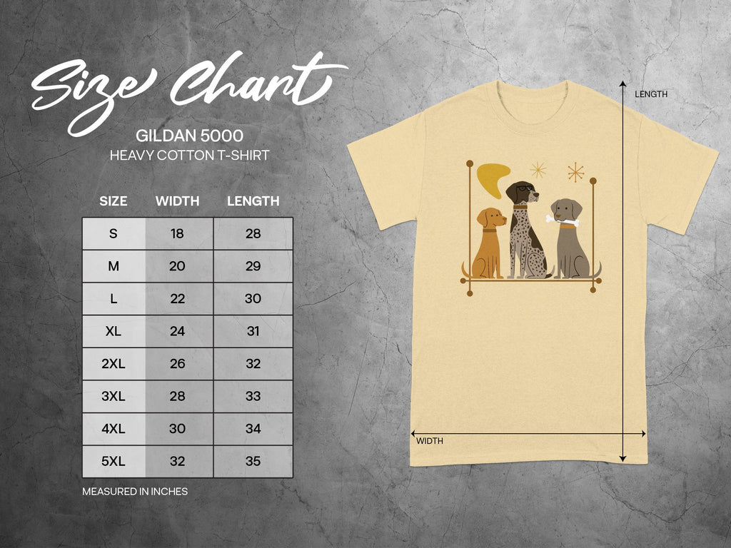 Gildan 5000 size chart for heavy cotton t-shirts with measurements.