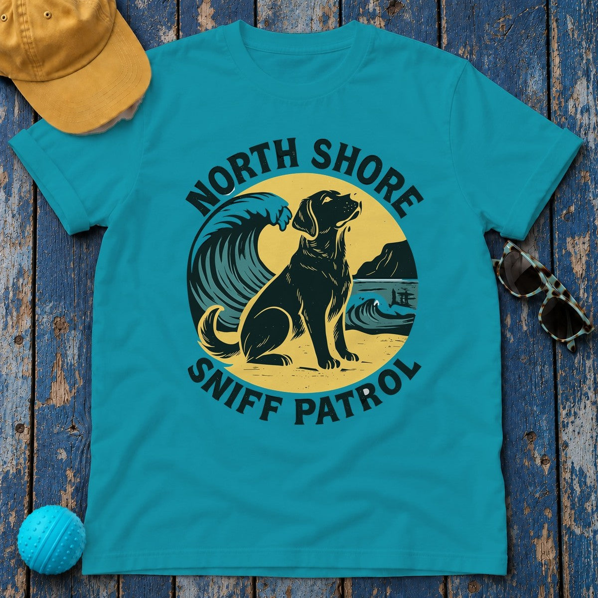 North Shore Sniff Patrol Beach Labrador Retriever T-Shirt in Tropical Blue