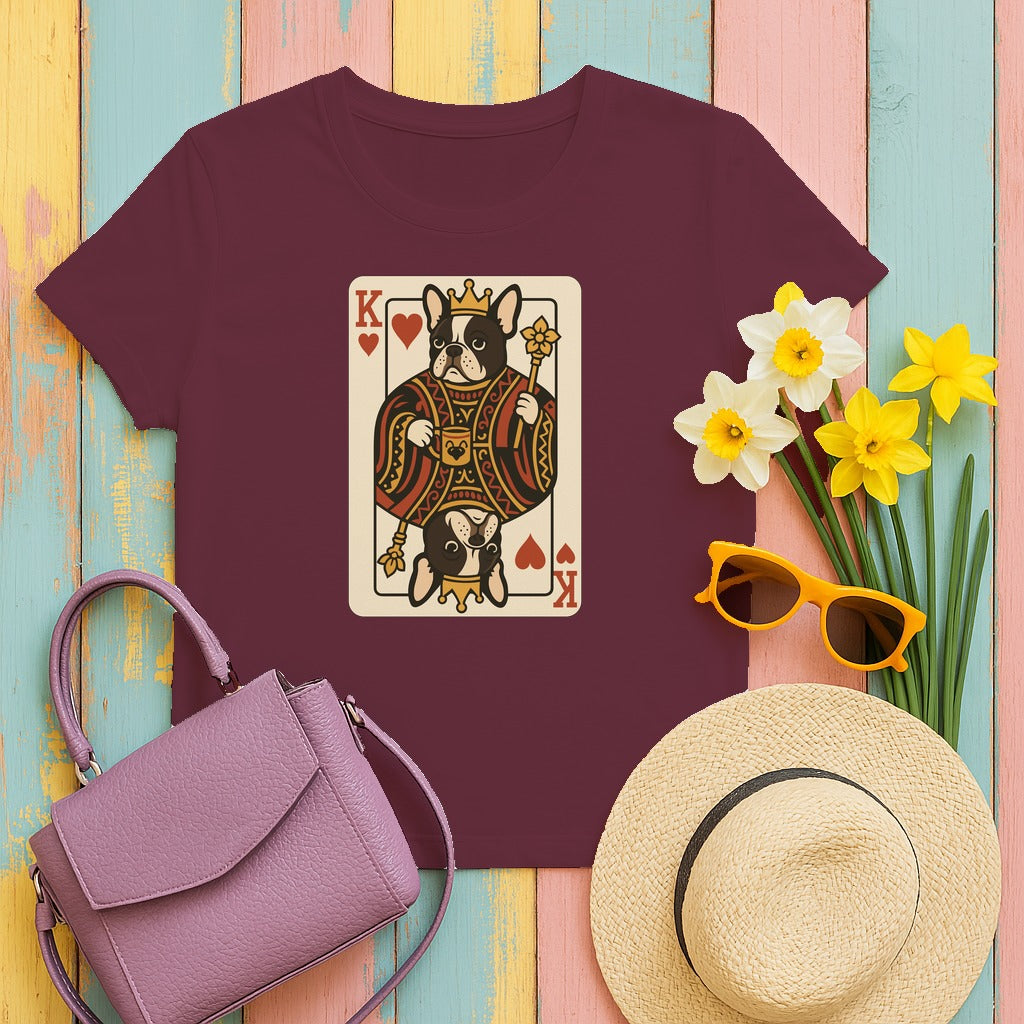 King Of Hearts French Bulldog Playing Card Funny Unique Design T-Shirt in Maroon