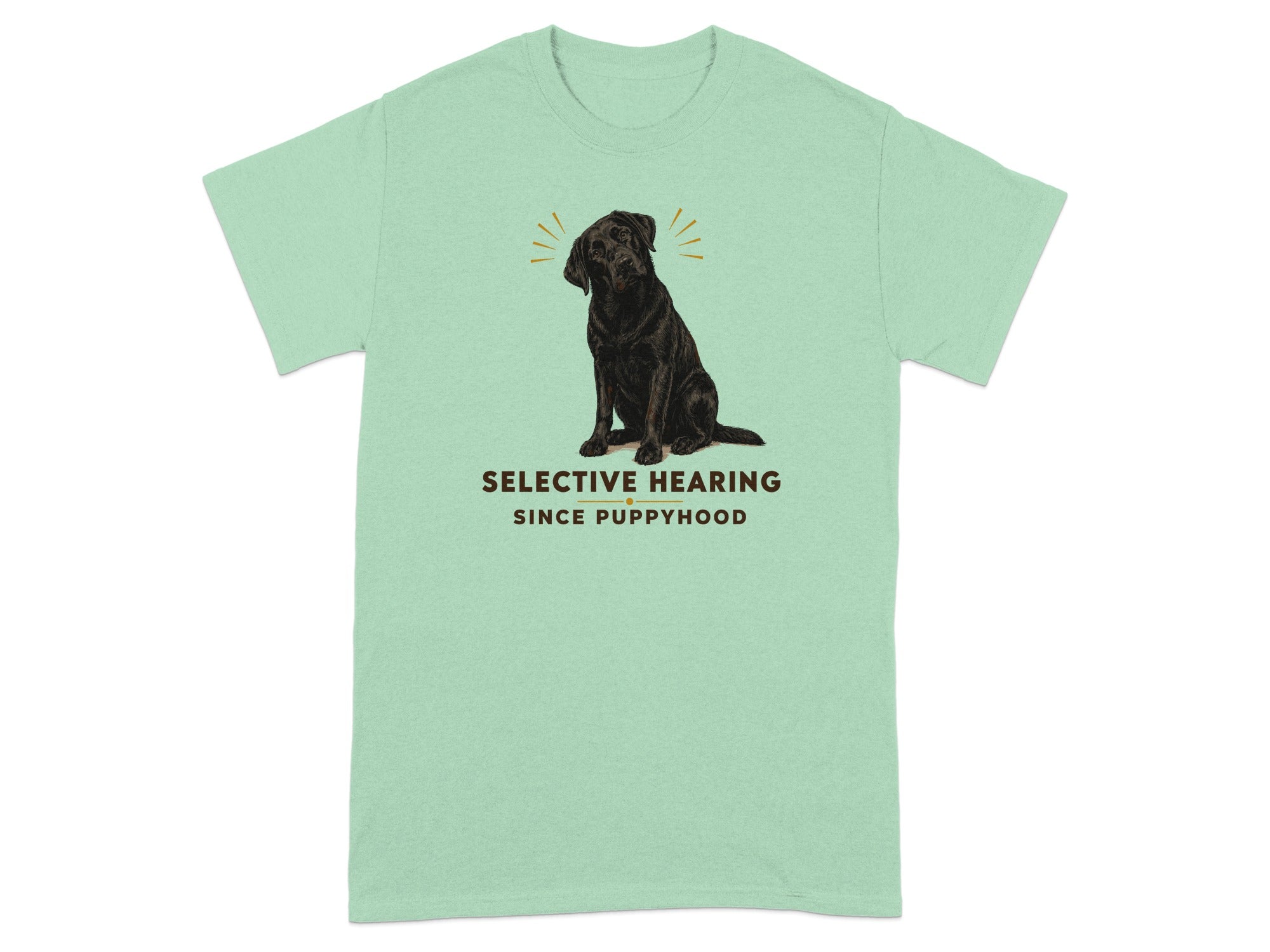 Black labrador dog illustration with "SELECTIVE HEARING SINCE PUPPYHOOD" text on mint green t-shirt.