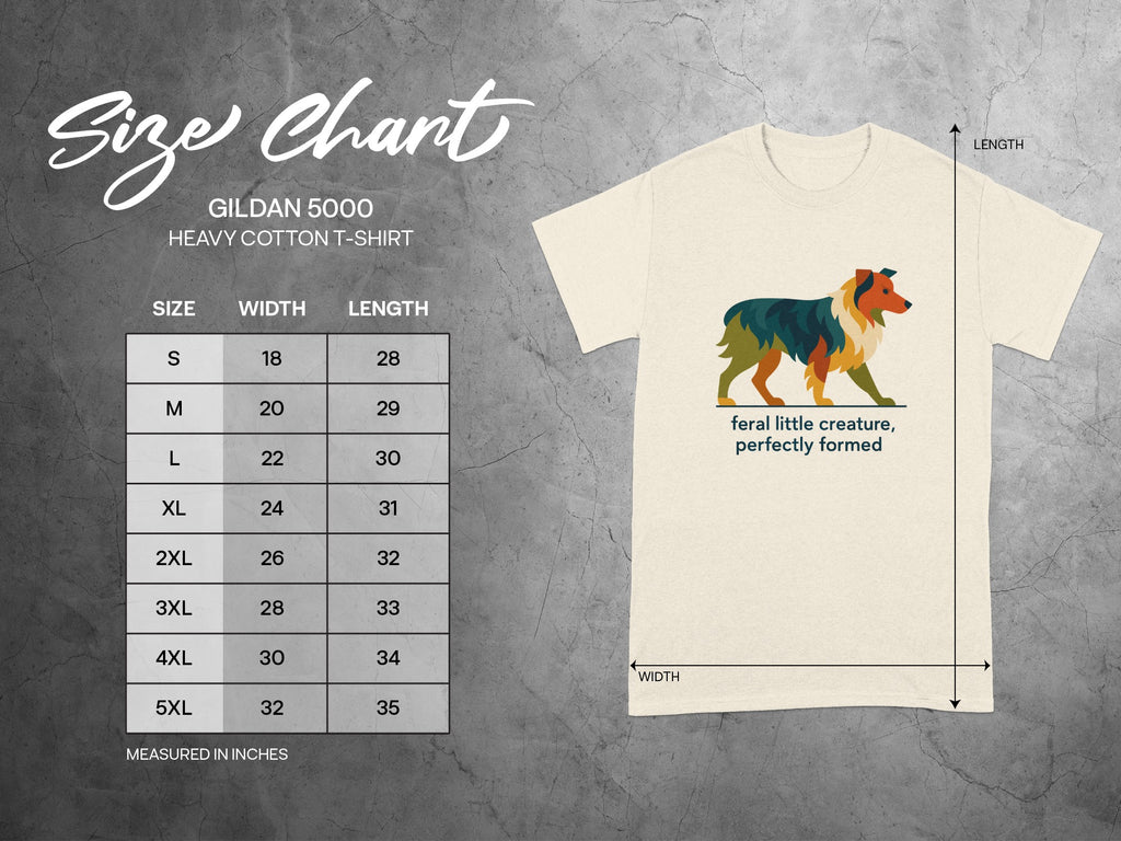 Gildan 5000 Heavy Cotton T-Shirt size chart with dog graphic and quote.